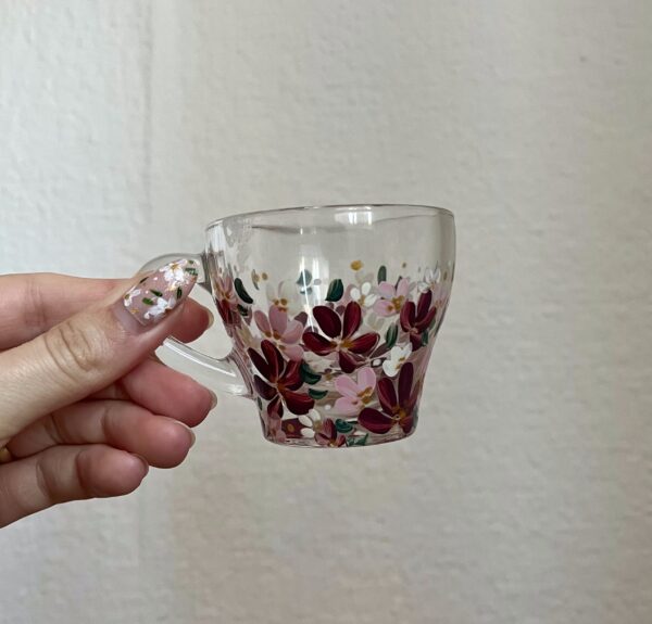 espresso csésze 3 Kézzel festett virágos üveg eszpresszós csésze és csészealj 90ml